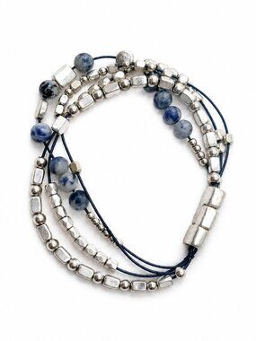 4 Layer Natural Stone Wrap Bracelet Silver Beads Magnetic Clasp Sexy Chic NWT